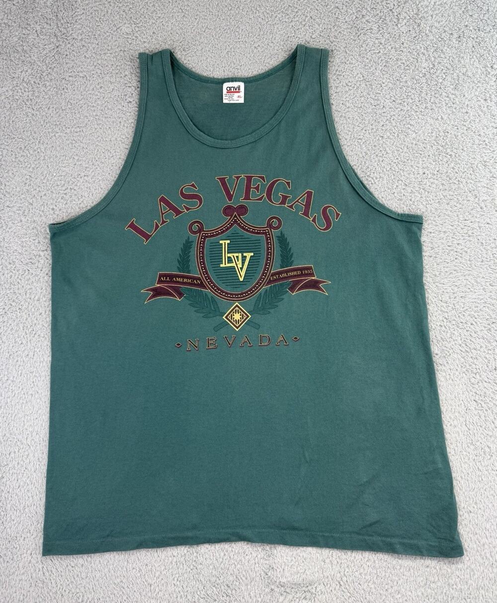 Vtg Anvil Mens XL Green Distressed LAS VEGAS NEVADA Tank Top Made In USA